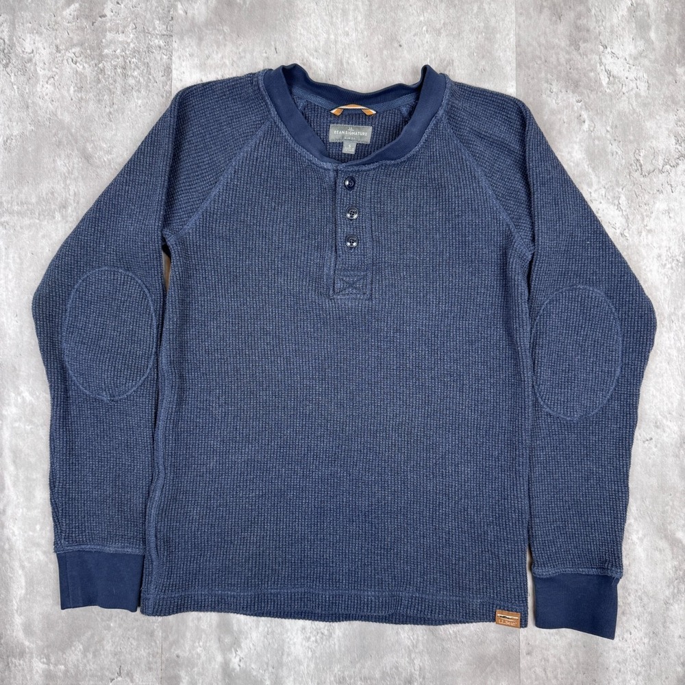 LL Bean Henley Shirt Mens Small Blue Long Sleeve Signature Slim Fit Waffle